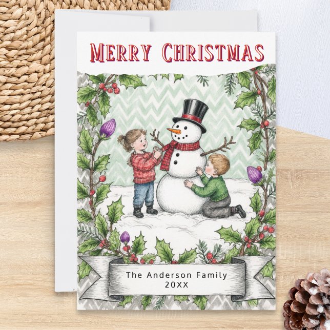 Cartes Pour Fêtes Annuelles Building a Snowman | Retro Personalized Christmas (A personalized Christmas card in retro style, with whimsical picture of children building a snowman)