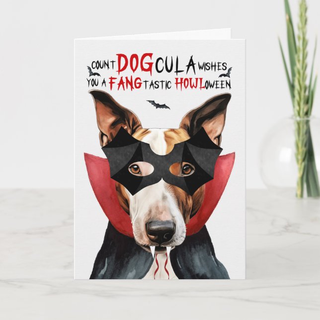 Cartes Pour Fêtes Annuelles Bull Terrier Chien Drôle compte DOGcula Halloween (Devant)
