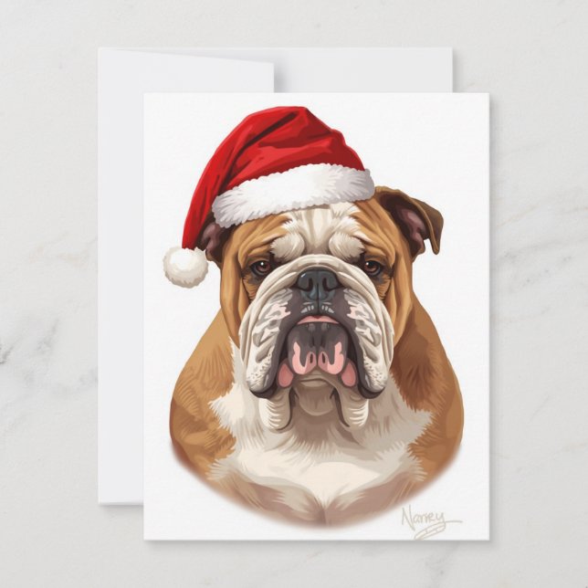 Cartes Pour Fêtes Annuelles Bulldog Dog Santa Hat Merry Christmas Art (Devant)