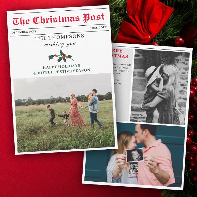 Cartes Pour Fêtes Annuelles Bulletin de Noël Journal Famille Photo unique (Christmas Newsletter Newspaper Family Photo Unique Holiday Card)