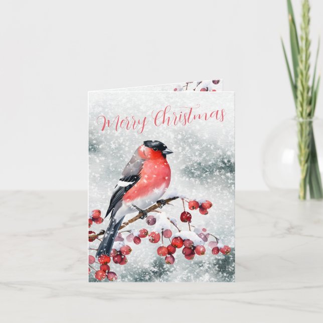 Cartes Pour Fêtes Annuelles Bullfiny Christmas Bird Snowy Red Berries (Devant)