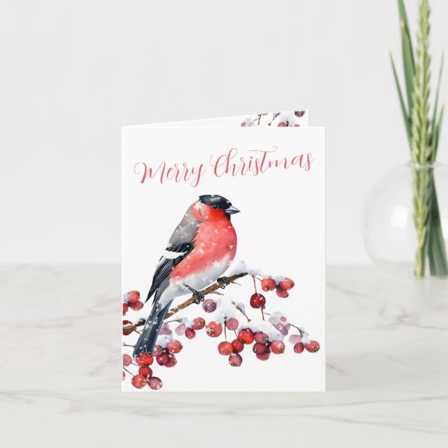 Cartes Pour Fêtes Annuelles Bullfiny Christmas Bird Snowy Red Berries (Devant)