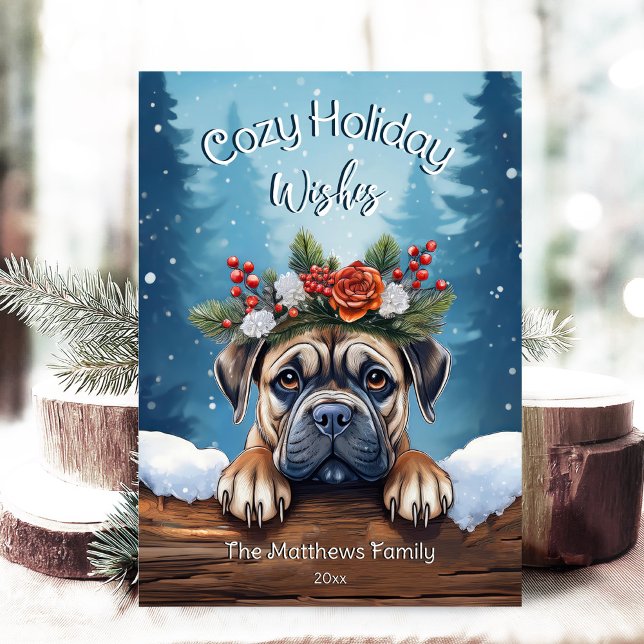 Cartes Pour Fêtes Annuelles Bullmastiff Jolly de la forêt de neige (Adorable Winter Snowy Scene With Peeking Dogs or Farm/Woodland Animals - Over 50 to Choose From!)