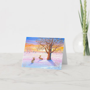 Cartes Pour Fêtes Annuelles Bunnies Lapins Paysage hivernal Faune Art