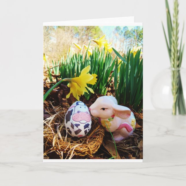 Cartes Pour Fêtes Annuelles Bunny de Pâques embrasser Oeuf de vache (Devant)