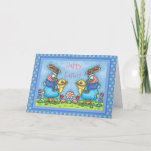 CARTES POUR FÊTES ANNUELLES BUNNY DE PÂQUES ÉQUITATION CUTE POULET EN OEUF BLE