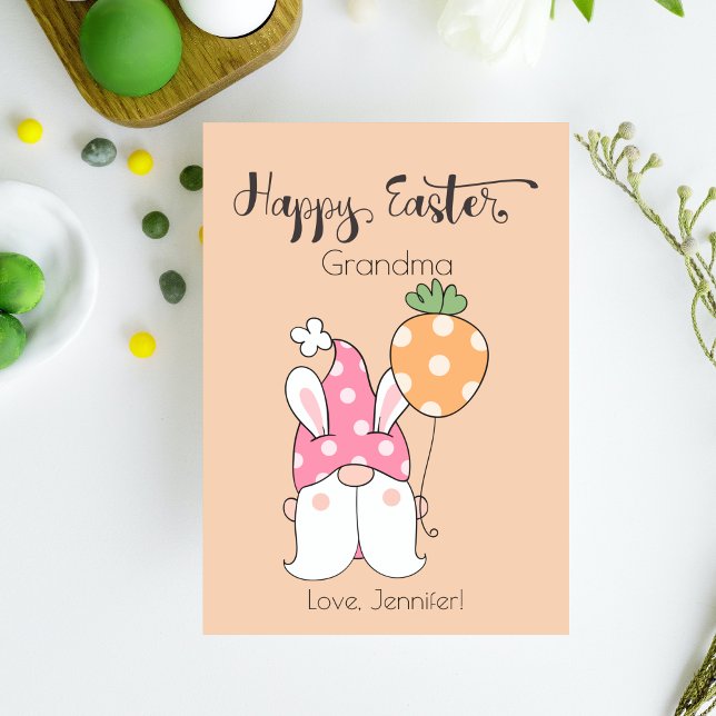 Cartes Pour Fêtes Annuelles Bunny Lady Gnome Avec Balloon Joyeux Script Pâques (Bunny Lady Gnome With Balloon Happy Easter Script - Personalized Holiday Greeting)