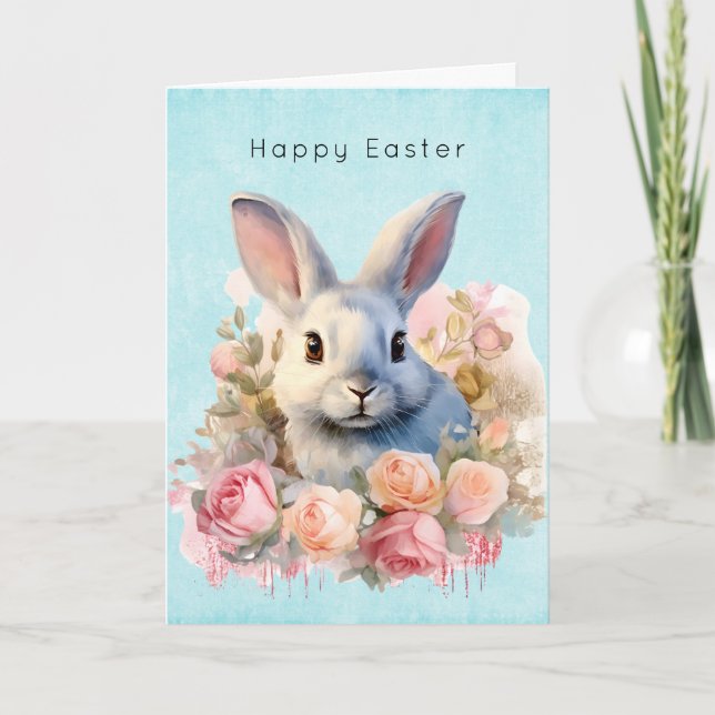 Cartes Pour Fêtes Annuelles Bunny with a Garland of Roses Cute Easter (Devant)