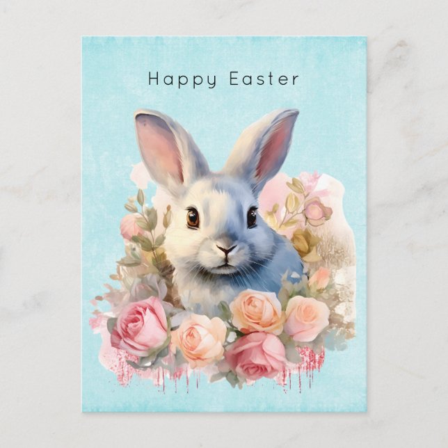 Cartes Pour Fêtes Annuelles Bunny with a Garland of Roses Cute Easter (Devant)