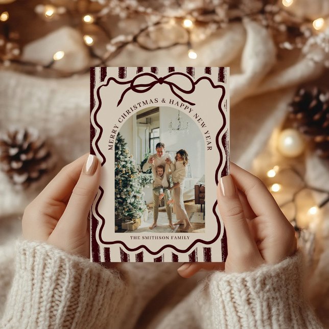 Cartes Pour Fêtes Annuelles Burgundy Elegant Bow Photo Christmas (Créateur téléchargé)