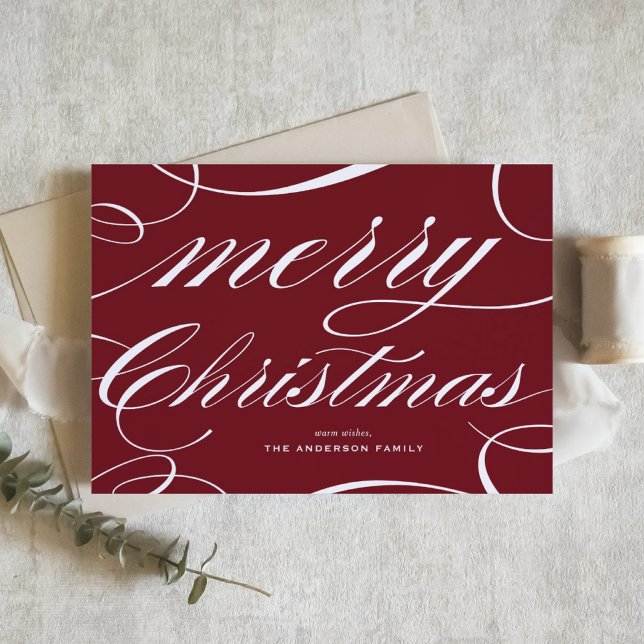 Cartes Pour Fêtes Annuelles Burgundy Elegant Flourish Script Merry Christmas (This elegant Christmas card features a beautiful flourish script on a rich burgundy background.)