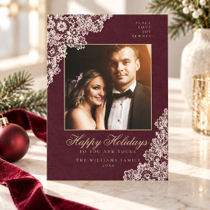 Cartes Pour Fêtes Annuelles Burgundy Lace Élégant Photo de Famille Noël