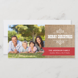 Cartes Pour Fêtes Annuelles Burlap rustique avec Bannière Rouge Photo Noël