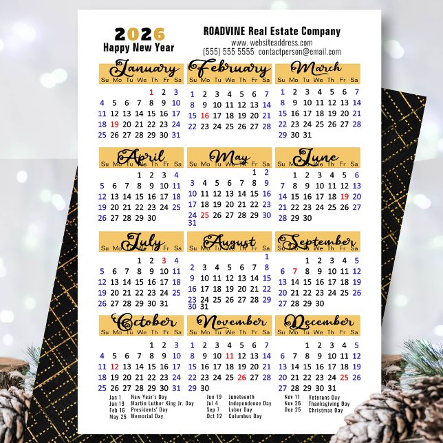 Cartes Pour Fêtes Annuelles Business 2026 Calendrier moderne noir Script simpl (Créateur téléchargé)