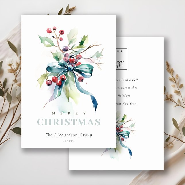 Cartes Pour Fêtes Annuelles Business Blue Green Winter Berries Logo de l'entre (Créateur téléchargé)