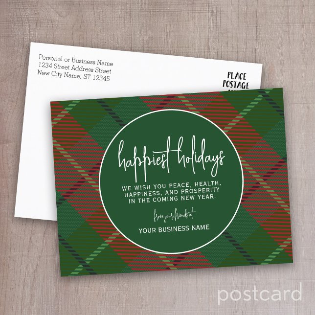 Cartes Pour Fêtes Annuelles Business Christmas Circle vert plaid - le plus heu (Business Holiday Postcard)