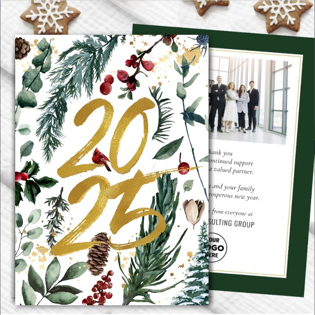 Cartes Pour Fêtes Annuelles Business Gold 2025 Festive Pine Bough (Créateur téléchargé)
