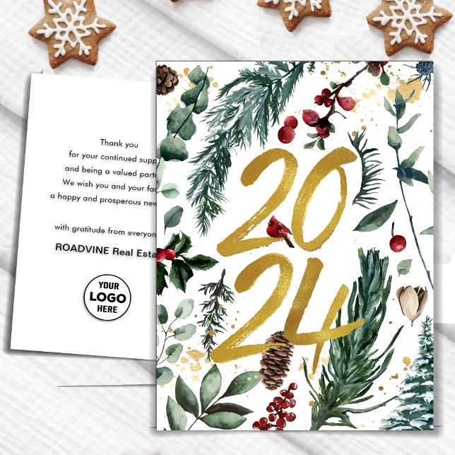 Cartes Pour Fêtes Annuelles Business Gold 2025 Festive Pine Bough (Créateur téléchargé)