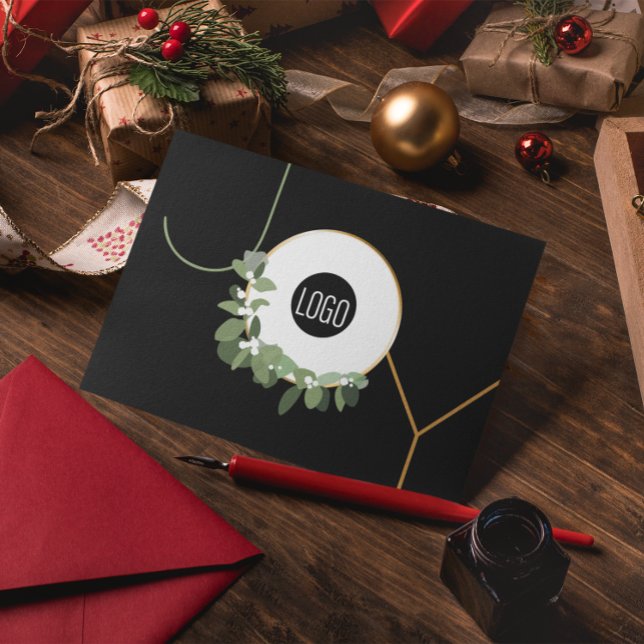 Cartes Pour Fêtes Annuelles Business Logo Wreath Happy Holidays Modern Joy (Modern JOY Corporate Holiday greeting folded card with logo and message.)