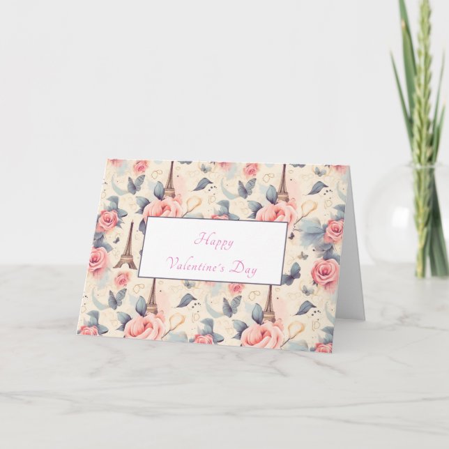 Cartes Pour Fêtes Annuelles Butterfly Tour Eiffel et Saint Valentin Rose (Devant)