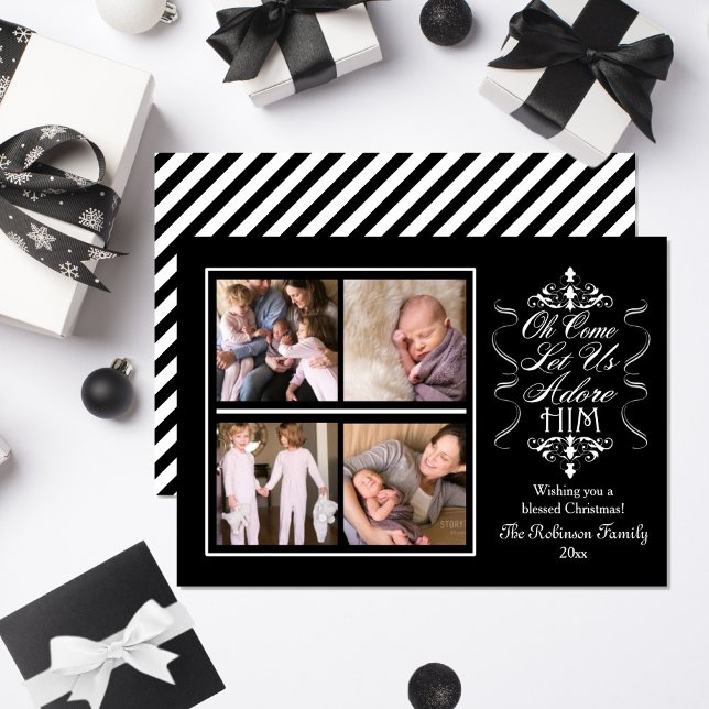 Cartes Pour Fêtes Annuelles BW Oh Viens Laissez-Nous L'Adorer Photo De Noël (Send Christmas wishes to your recipients with this "Oh Come Let Us Adore Him" monochrome photo card.)