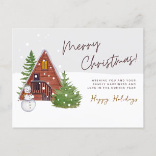 Cartes Pour Fêtes Annuelles Cabane d'hiver confortable & Bonhomme de neige N