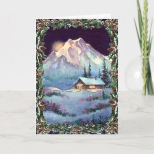 Cartes Pour Fêtes Annuelles CABANE EN RONDS DE BOIS & COURONNE par SHARON SHAR