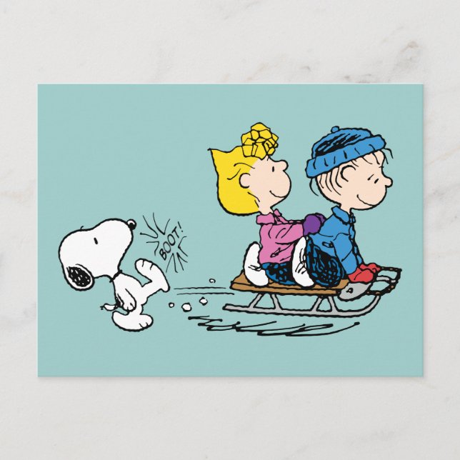 Cartes Pour Fêtes Annuelles cacahuètes | Snoopy, Sally & Linus Sled (Devant)