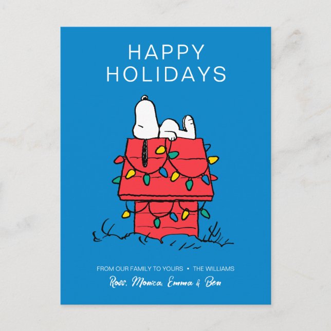 Cartes Pour Fêtes Annuelles Cachou | La niche de Snoopy avec des lumières (Devant)