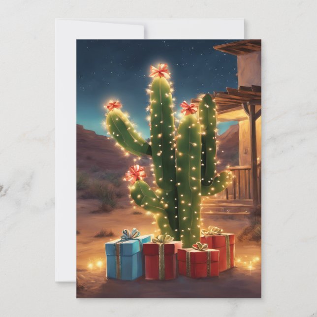 Cartes Pour Fêtes Annuelles Cactus de Noël avec des cadeaux devant une maison (Devant)