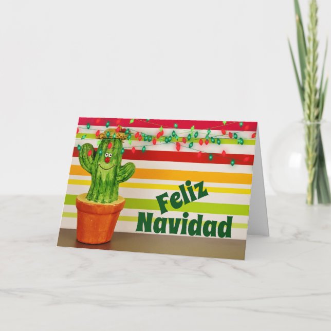 Cartes Pour Fêtes Annuelles Cactus mignons et lumières festives Feliz Navidad (Devant)