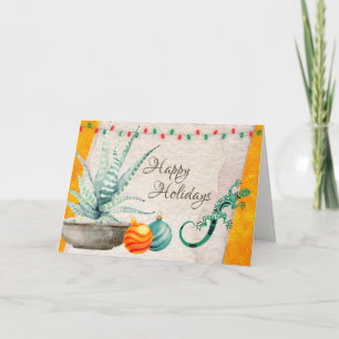 Cartes Pour Fêtes Annuelles Cactus pointillés, gecko et ornements de Noël