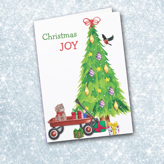 Cartes Pour Fêtes Annuelles Cadeau de chaton dans Wagon, Bird et Holiday Tree (Créateur téléchargé)