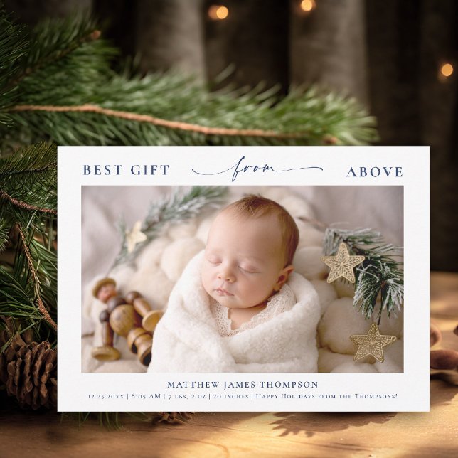 Cartes Pour Fêtes Annuelles Cadeau de dessus Elegant Blue Christmas Baby Photo (best gift from above baby christmas card minimalist simple photo calligraphy blue christian religion)