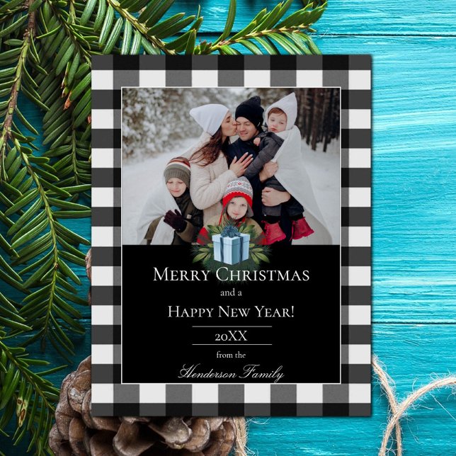 Cartes Pour Fêtes Annuelles Cadeau de Noël à motif carreaux de Buffalo | Bleu (Blue Buffalo Plaid Christmas Gift Holiday Photo Card)