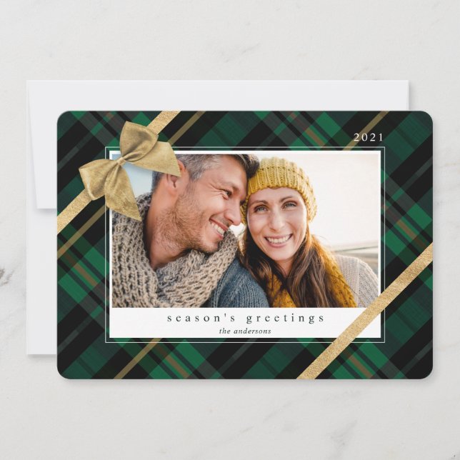 Cartes Pour Fêtes Annuelles Cadeau Plaid Vert Enveloppé & Bow Or Présente Phot (Devant)