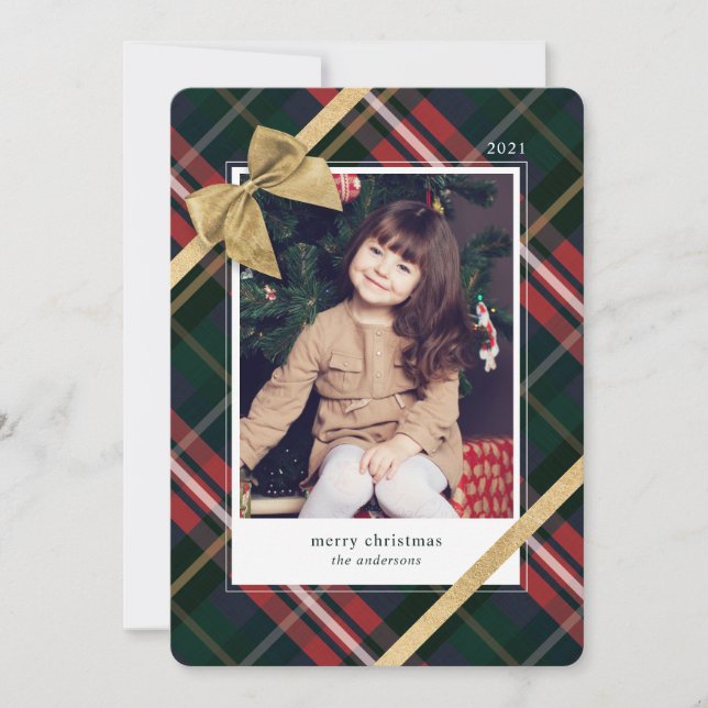 Cartes Pour Fêtes Annuelles Cadeau Rouge Plaid Enveloppé & Bow Or Photo Présen (Devant)