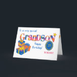 Cartes Pour Fêtes Annuelles Cadeaux d'anniversaire de Grandson sur mesure Cart<br><div class="desc">Une carte d'anniversaire "word art" aux couleurs vives pour un petit-fils que vous pouvez customiser avec son âge. Convient à un petit-fils de n'importe quel âge, l'accueil de couverture avant est, "À un grand-fils très spécial" et "Joyeux anniversaire!" avec le mot "Grandson" en lettres immenses, rempli d'étoile, de pois, de...</div>