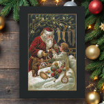 Cartes Pour Fêtes Annuelles Cadeaux de Noël de l'abbé vintage à l'enfant<br><div class="desc">Art traditionnel de Noël élégant et intemporel, avec Père Noël au lit rouge souriant donnant des cadeaux à un enfant au lit avec des bas accrochés à proximité et un faux orteil au-dessus. L'art est orné de reflets dorés et la couleur arrière - plan est modifiable. Le dos est doté...</div>