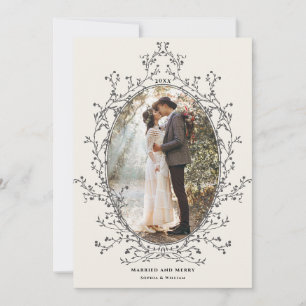 Cartes Pour Fêtes Annuelles Cadre Botanique Élégant Photo de Mariés et Joyeux
