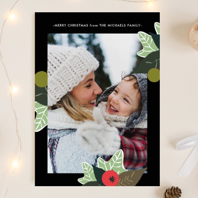 Cartes Pour Fêtes Annuelles Cadre botanique noir classique Deux photos Noël (Créateur téléchargé)