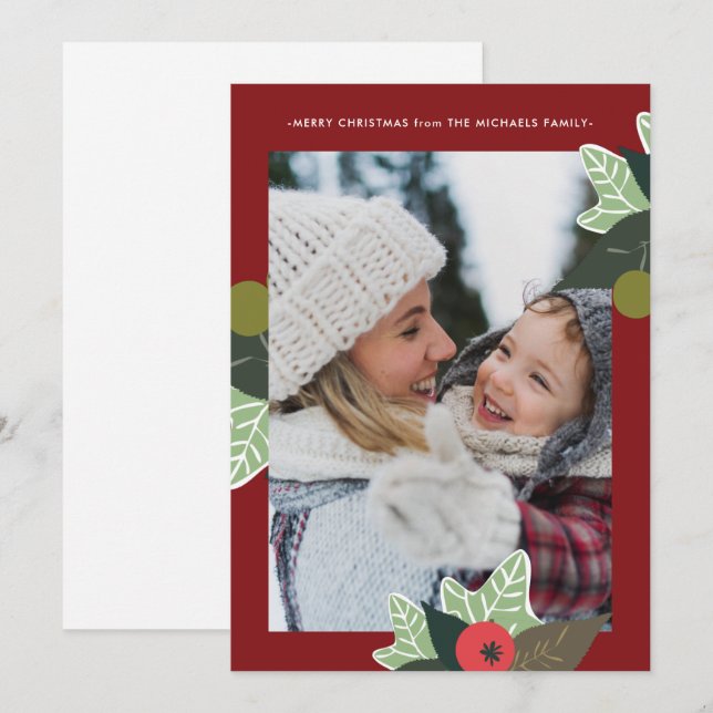 Cartes Pour Fêtes Annuelles Cadre botanique rouge rustique Photo Noël (Devant / Derrière)