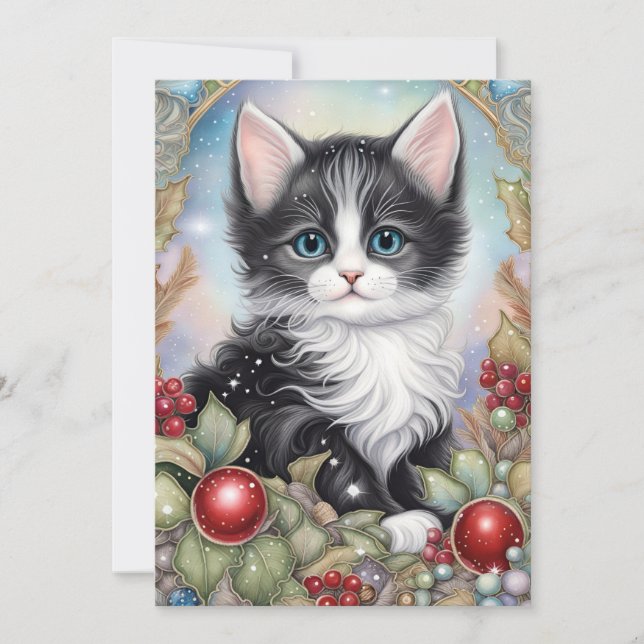 Cartes Pour Fêtes Annuelles Cadre de chaton smoking fantaisiste avec des baies (Devant)