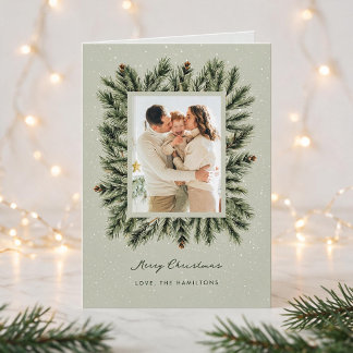 Cartes Pour Fêtes Annuelles Cadre de Noël à feuilles persistantes enneigé Phot