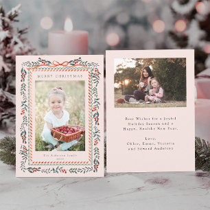 Cartes Pour Fêtes Annuelles Cadre d'framboise rouge Noël 2 Photo Blush rose