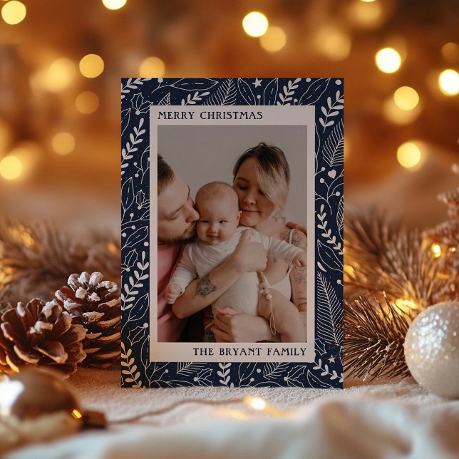 Cartes Pour Fêtes Annuelles Cadre d'œuvre d'art Navy Modern Holly et feuilles (Créateur téléchargé)