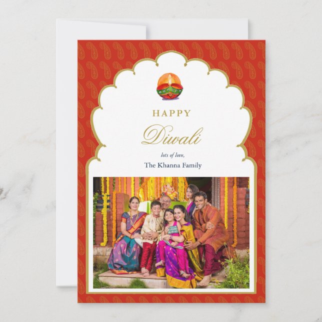 Cartes Pour Fêtes Annuelles Cadre élégant Arc rouge et or Photo Diwali Card (Devant)