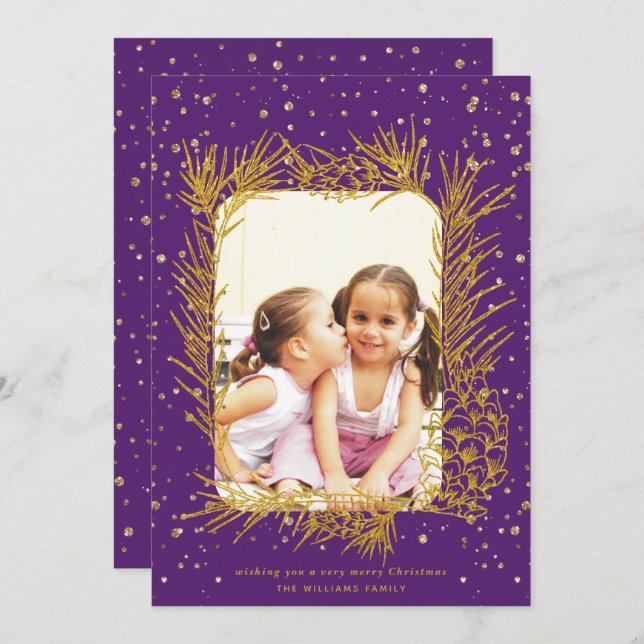 Cartes Pour Fêtes Annuelles Cadre en pin doré, confetti violet photo de Noël (Devant / Derrière)