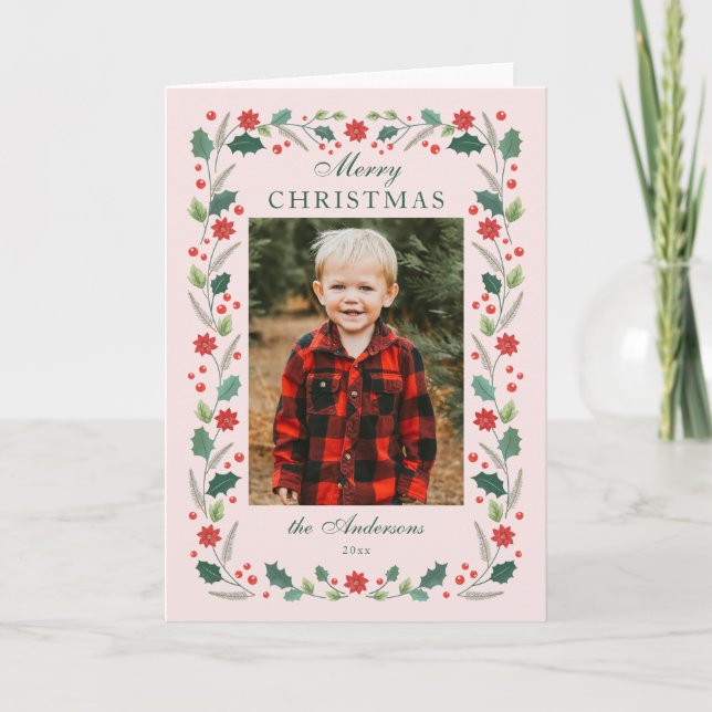 Cartes Pour Fêtes Annuelles Cadre floral de Noël Photo rose (Devant)