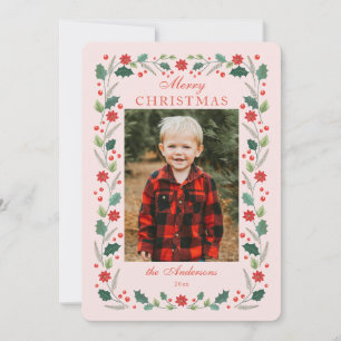 Cartes Pour Fêtes Annuelles Cadre floral de Noël Photo rose